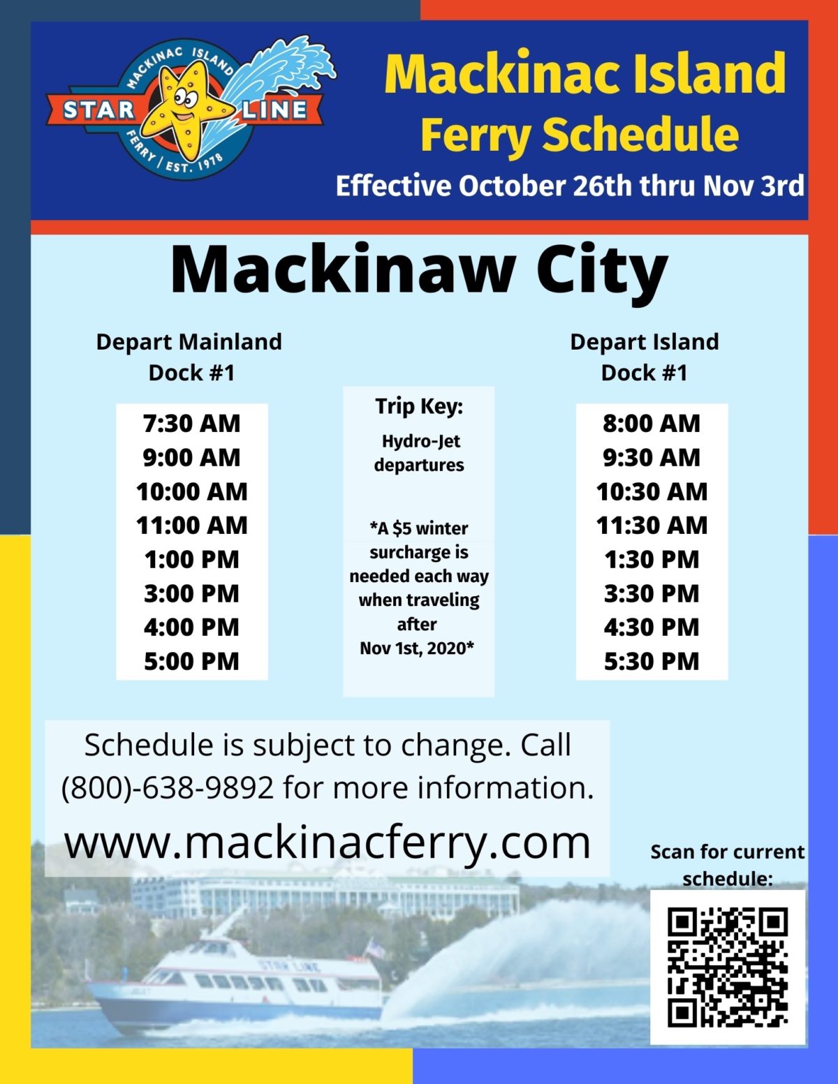 Schedule Change starting October 26th, 2020 Star Line Mackinac Island